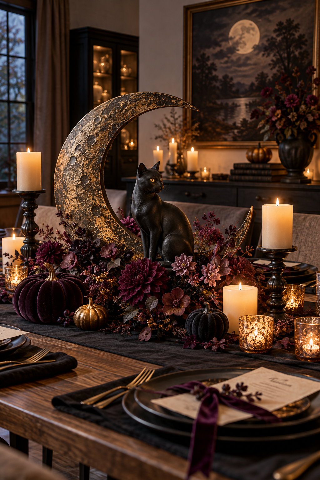 Make a Moonlit Cat Centerpiece styled as black cat Halloween decor ideas