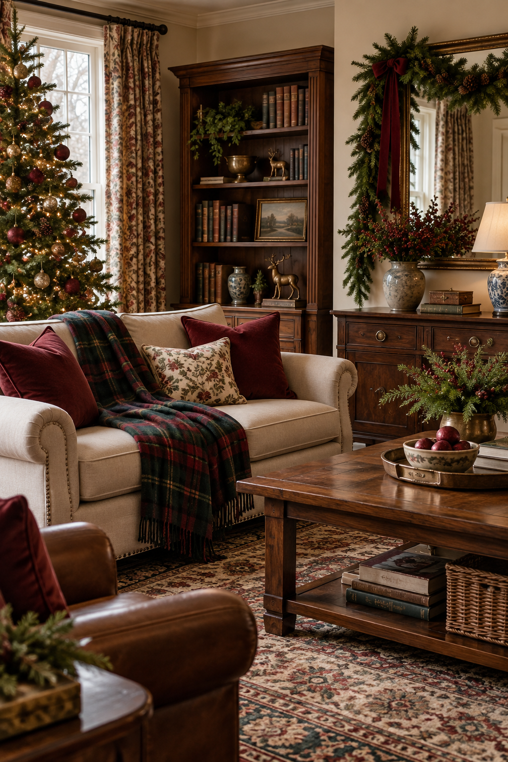Traditional burgundy and tartan Christmas decor in warm family room