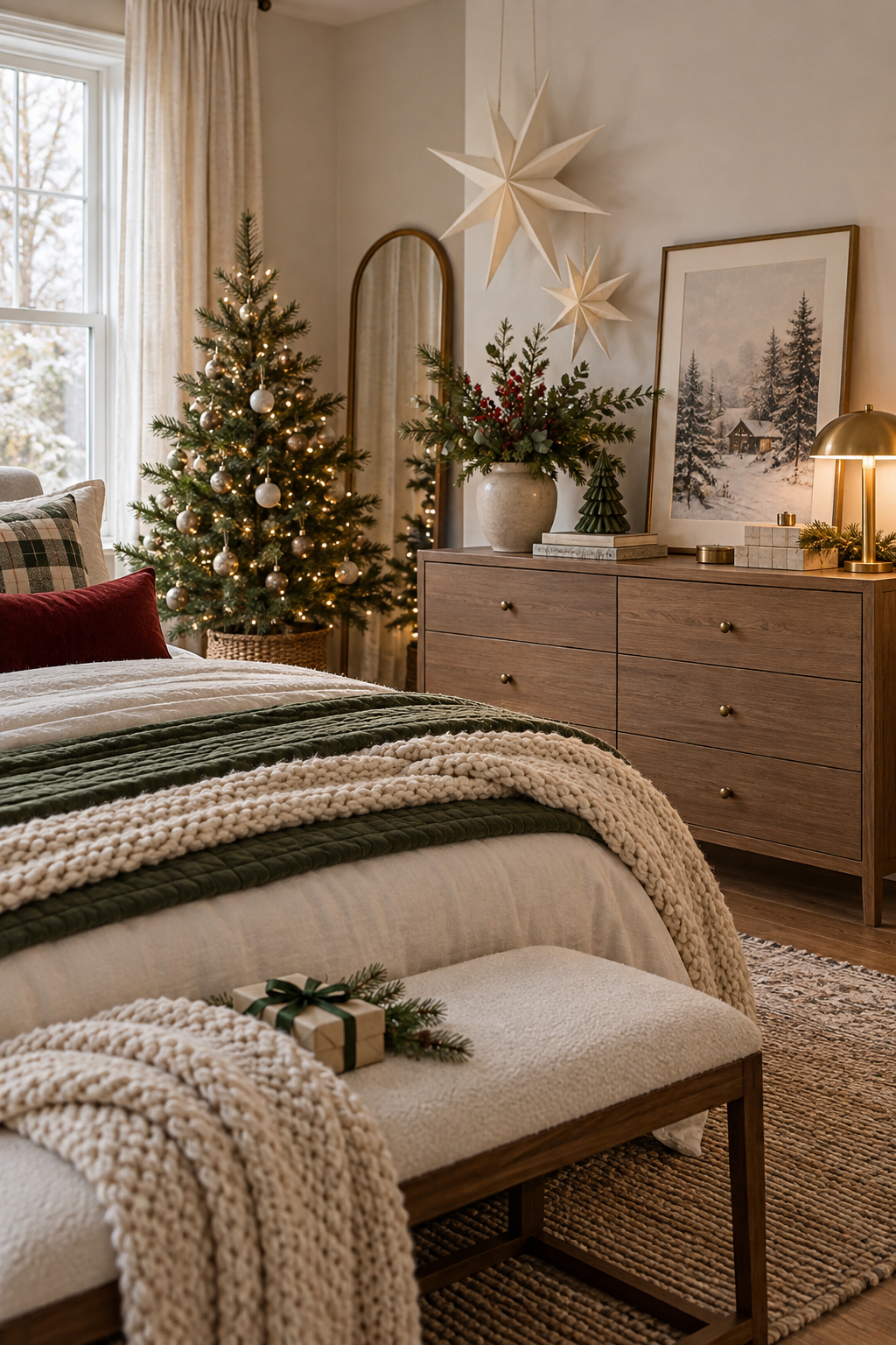 Renter-friendly Christmas bedroom with removable paper stars and tabletop greenery