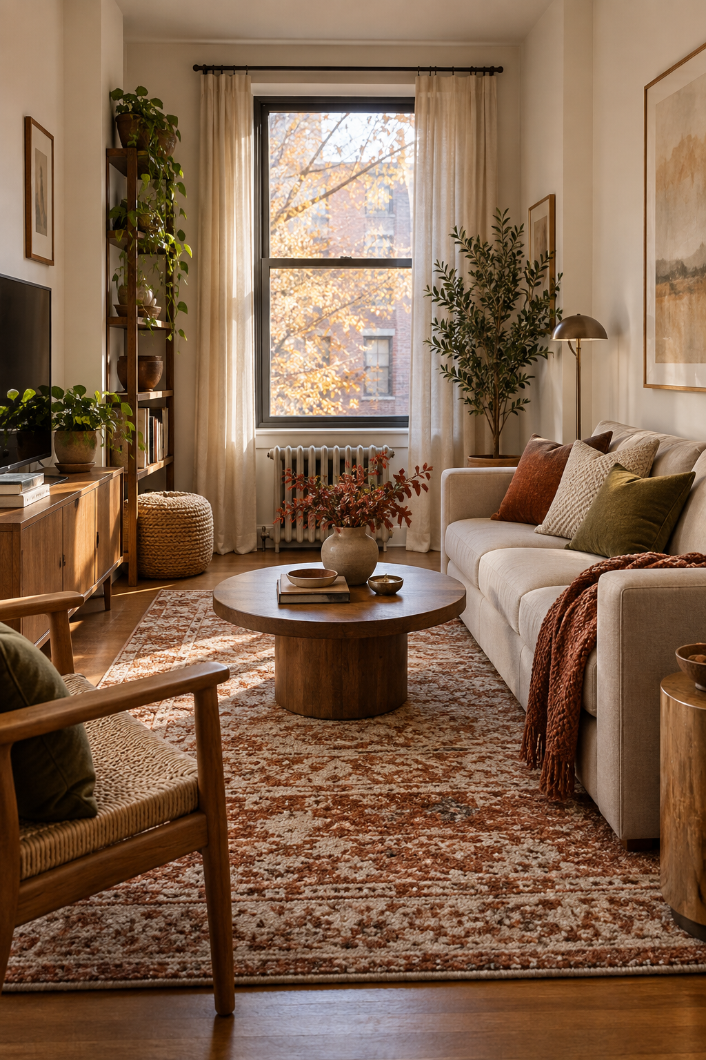 Vertical fall decor on apartment wall shelves