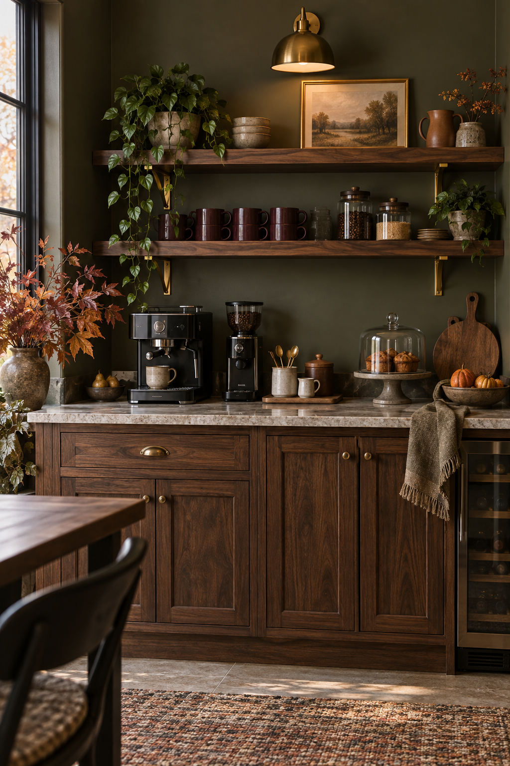 Moody olive and plum fall coffee nook