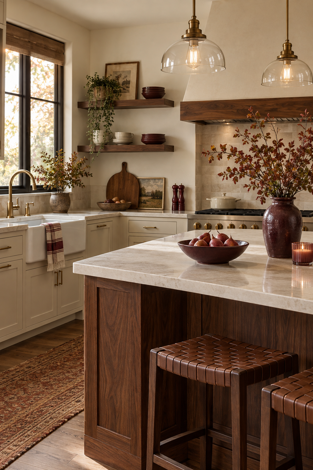Burgundy accents in fall kitchen