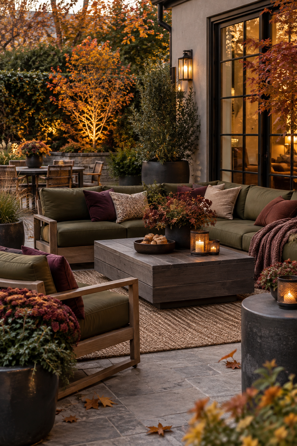 Moody olive and plum autumn patio
