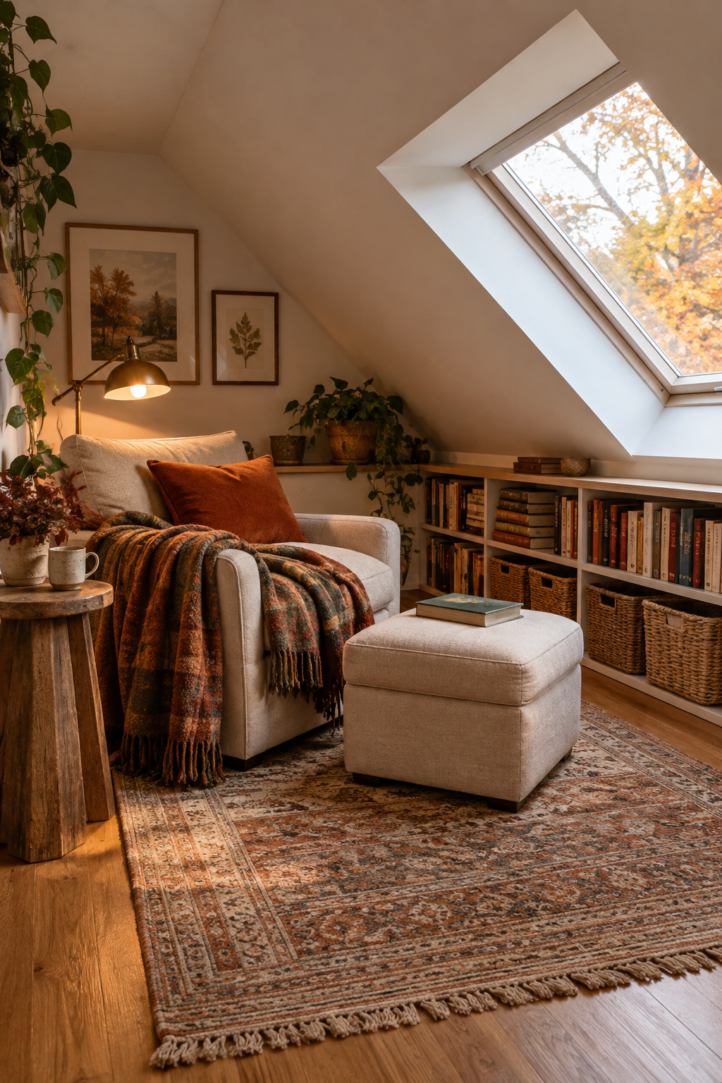 Attic reading nook under a sloped ceiling