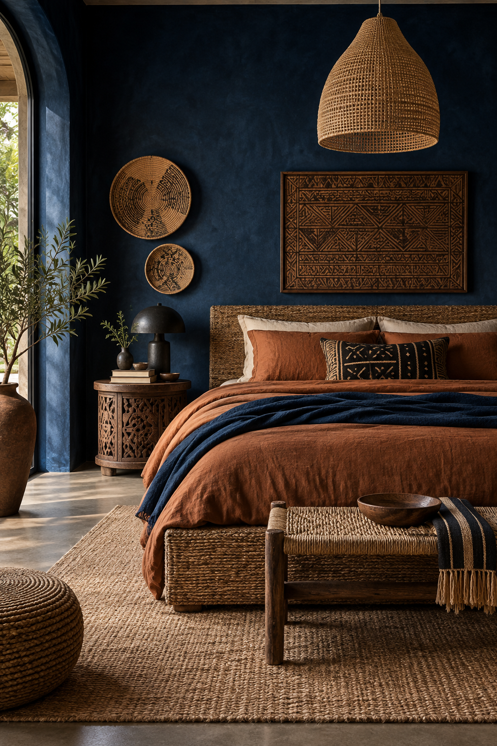 Moody Afrobohemian bedroom with deep indigo walls, rust bedding, woven bed and basket art