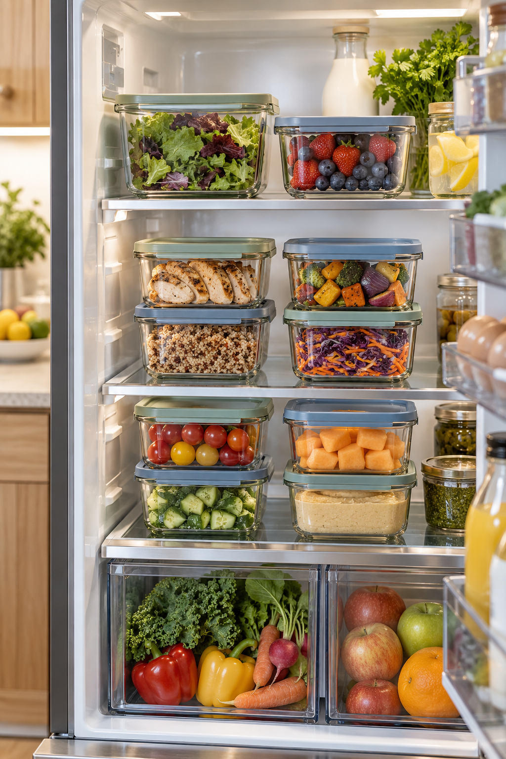 Stack Food in Square Glass Containers in a clean organized refrigerator
