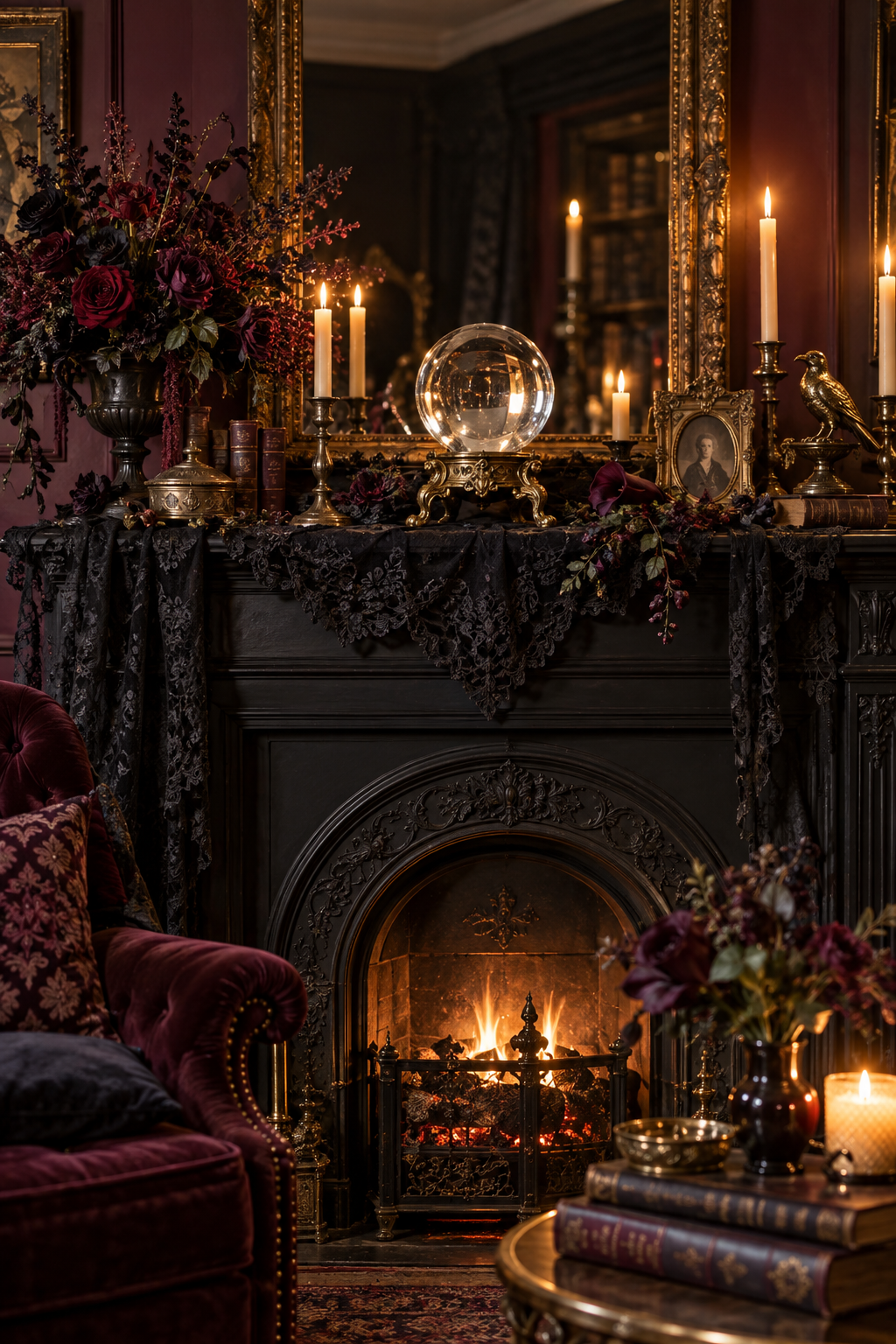 Display a Crystal Ball on a Stand styled as gothic Victorian Halloween mantel ideas