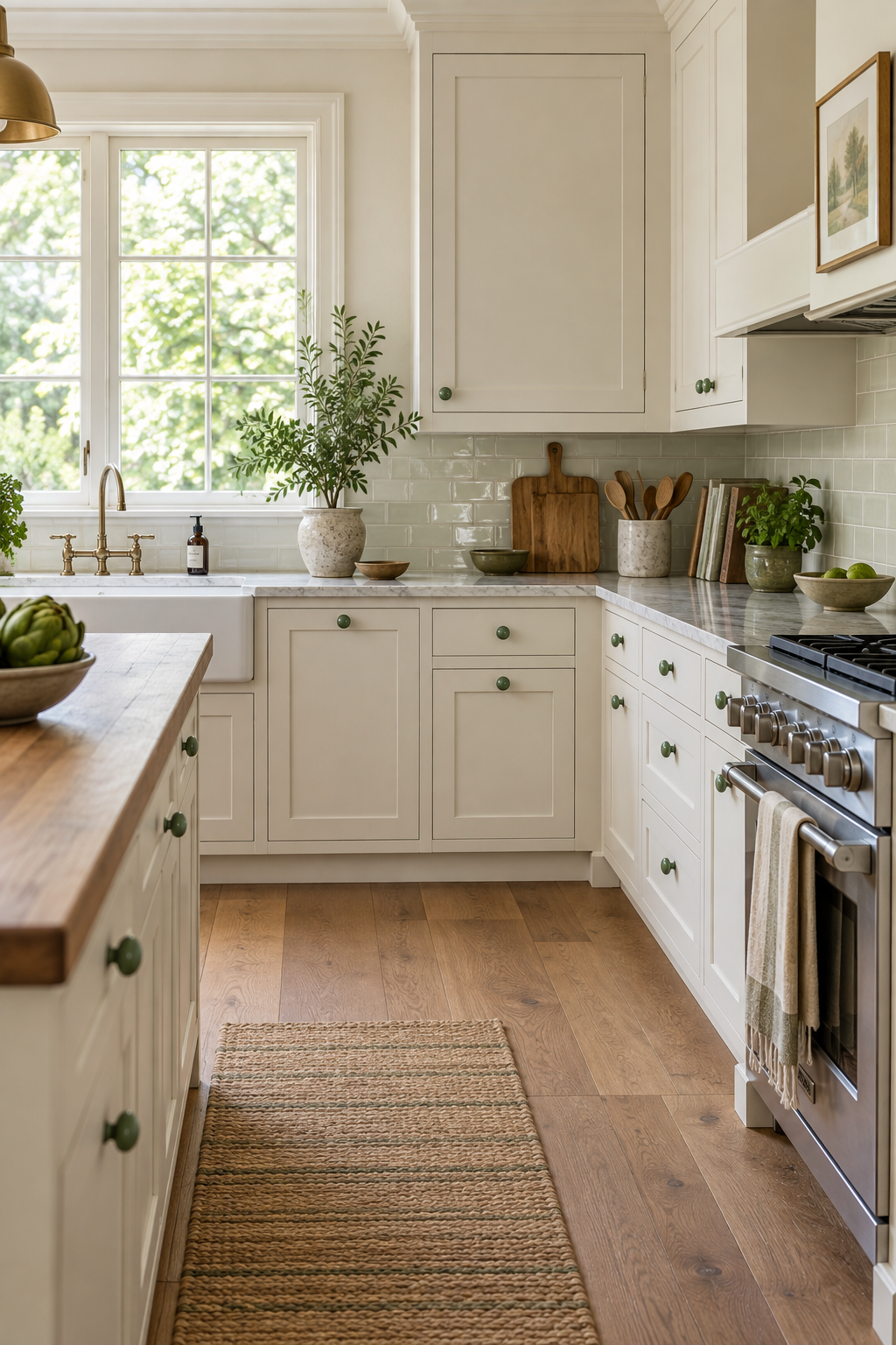 Add Green Hardware to Pale Cabinets