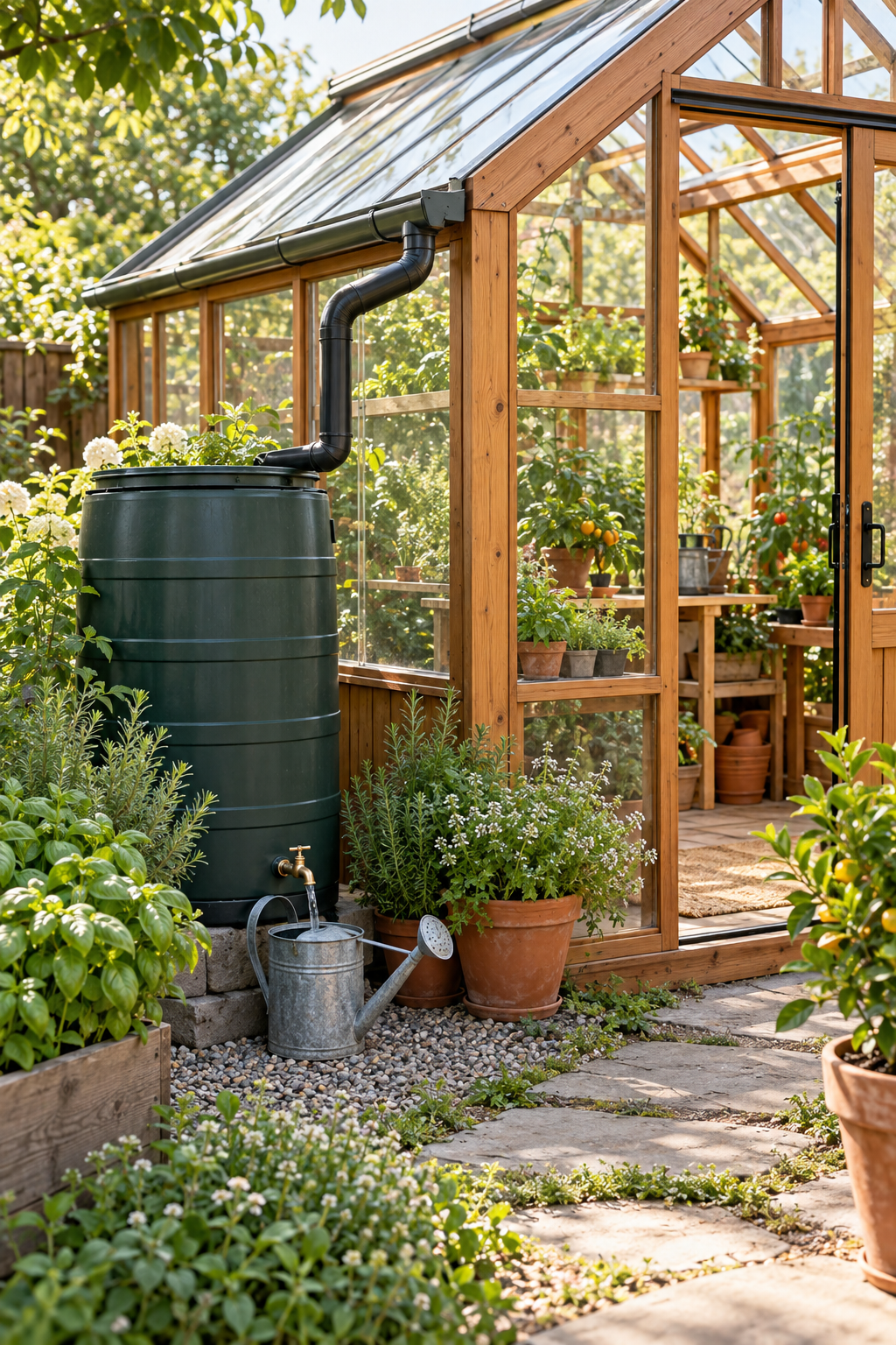 Install a Rainwater Collection Barrel inside a beautiful garden greenhouse