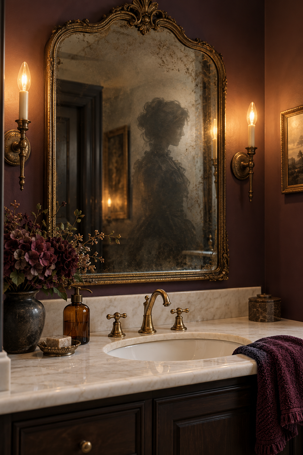 Turn the Mirror into a Haunted Portrait styled as Halloween bathroom decor ideas