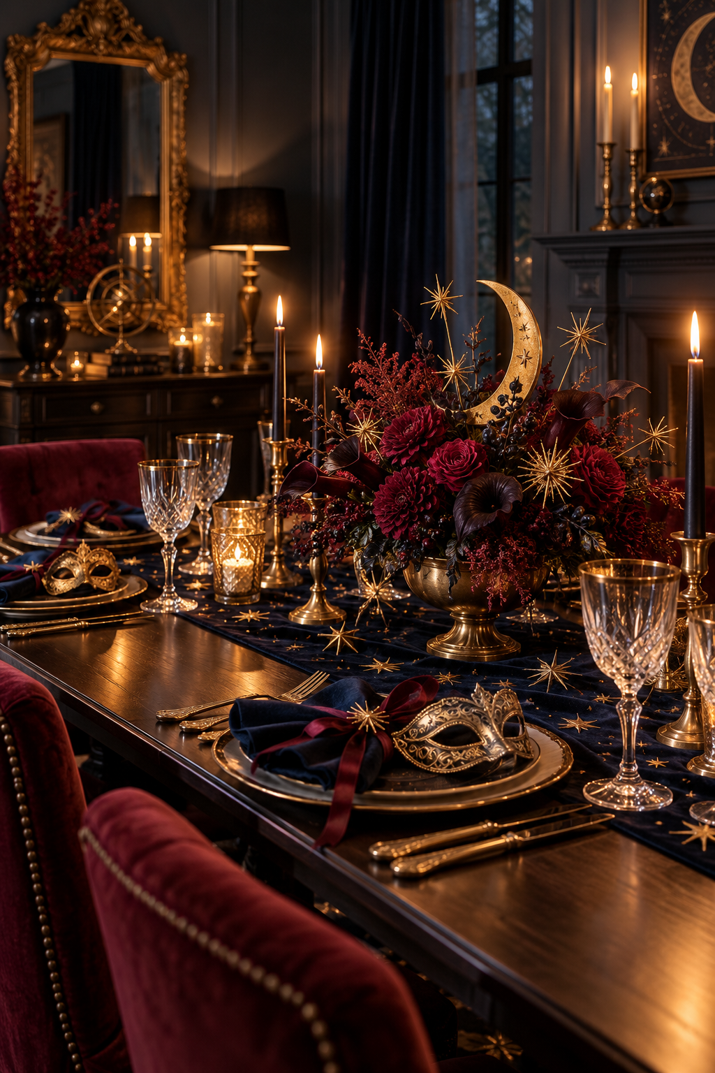 Add Star-and-Moon Details styled as Halloween masquerade tablescape ideas