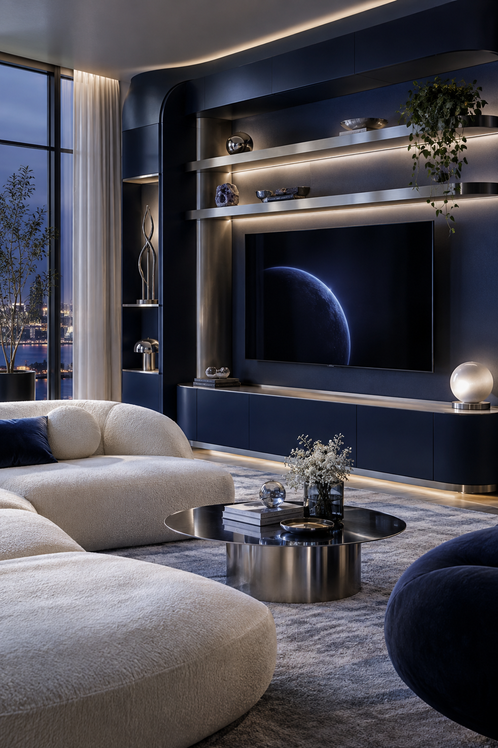 Midnight blue media wall with integrated glow and low console