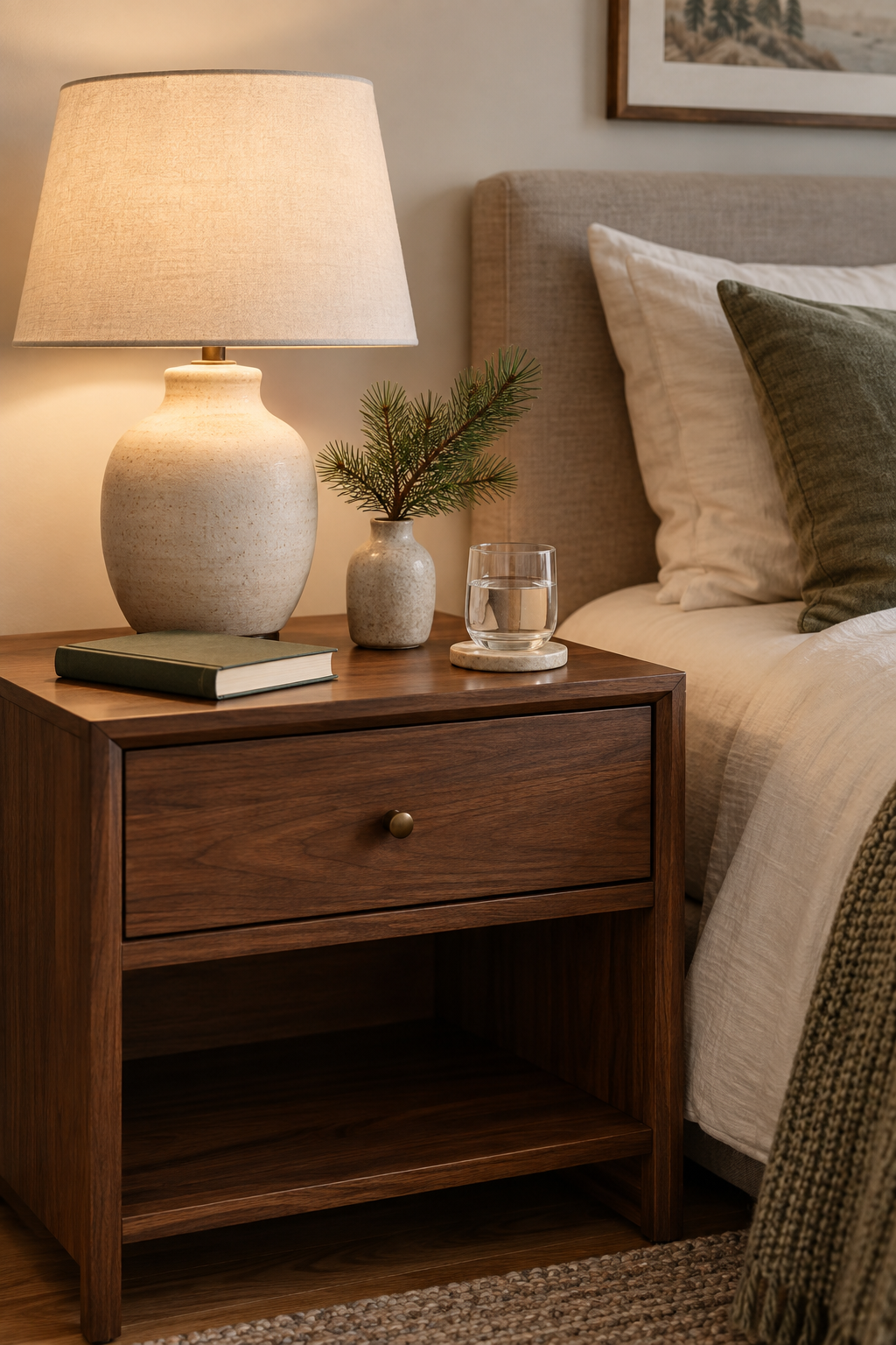 Wood bedside table with ceramic lamp, pine sprig and neutral holiday book
