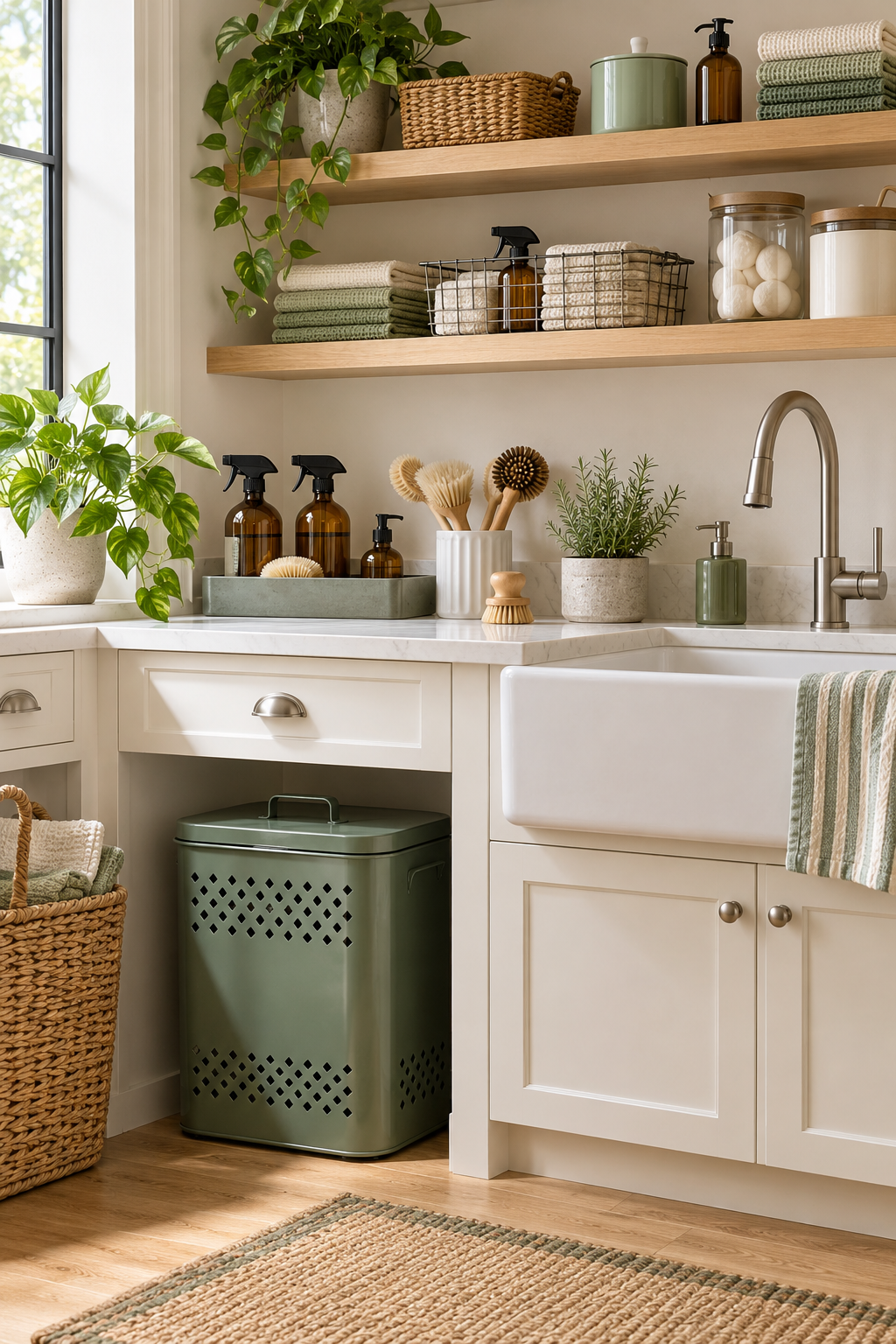 Add a Clearly Marked Used-Cloth Bin in an organized naturally minded cleaning station