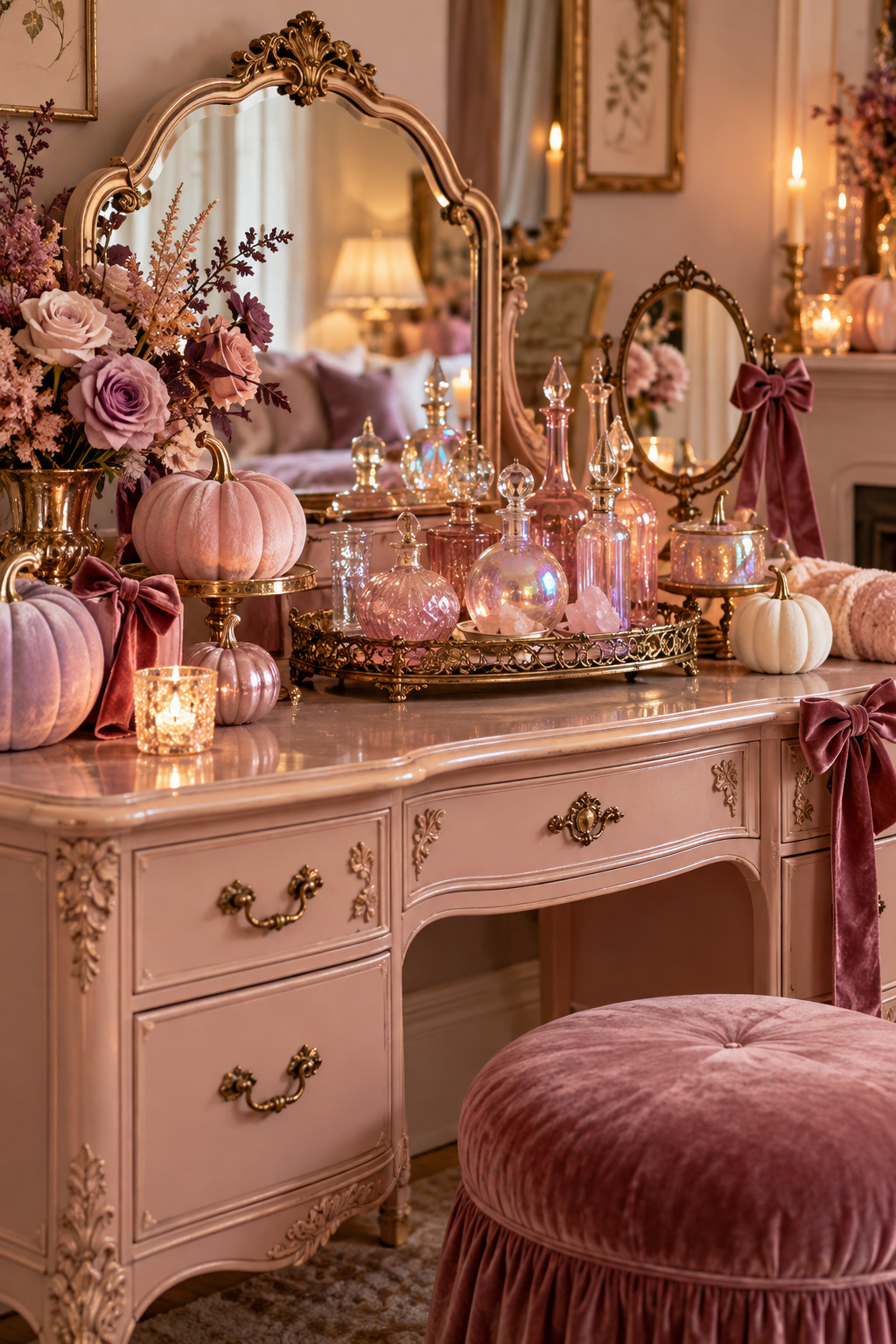 Turn a Vanity into a Glam Potion Station styled as pink Halloween decor ideas