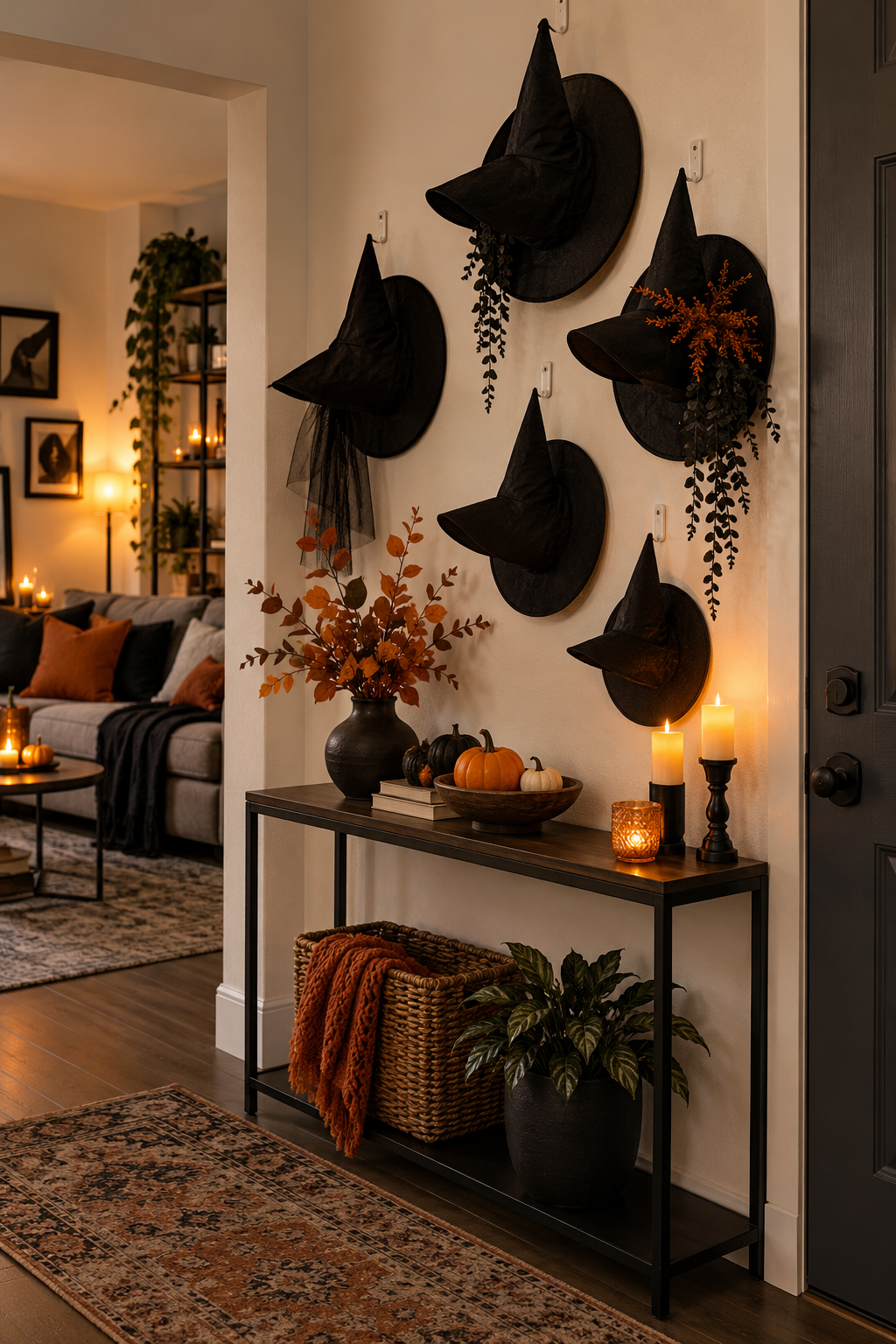 Build a Vertical Witch-Hat Wall styled as Halloween apartment decor ideas