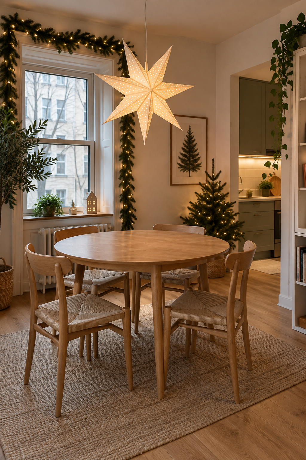 Hang a Christmas decoration above a small dining table