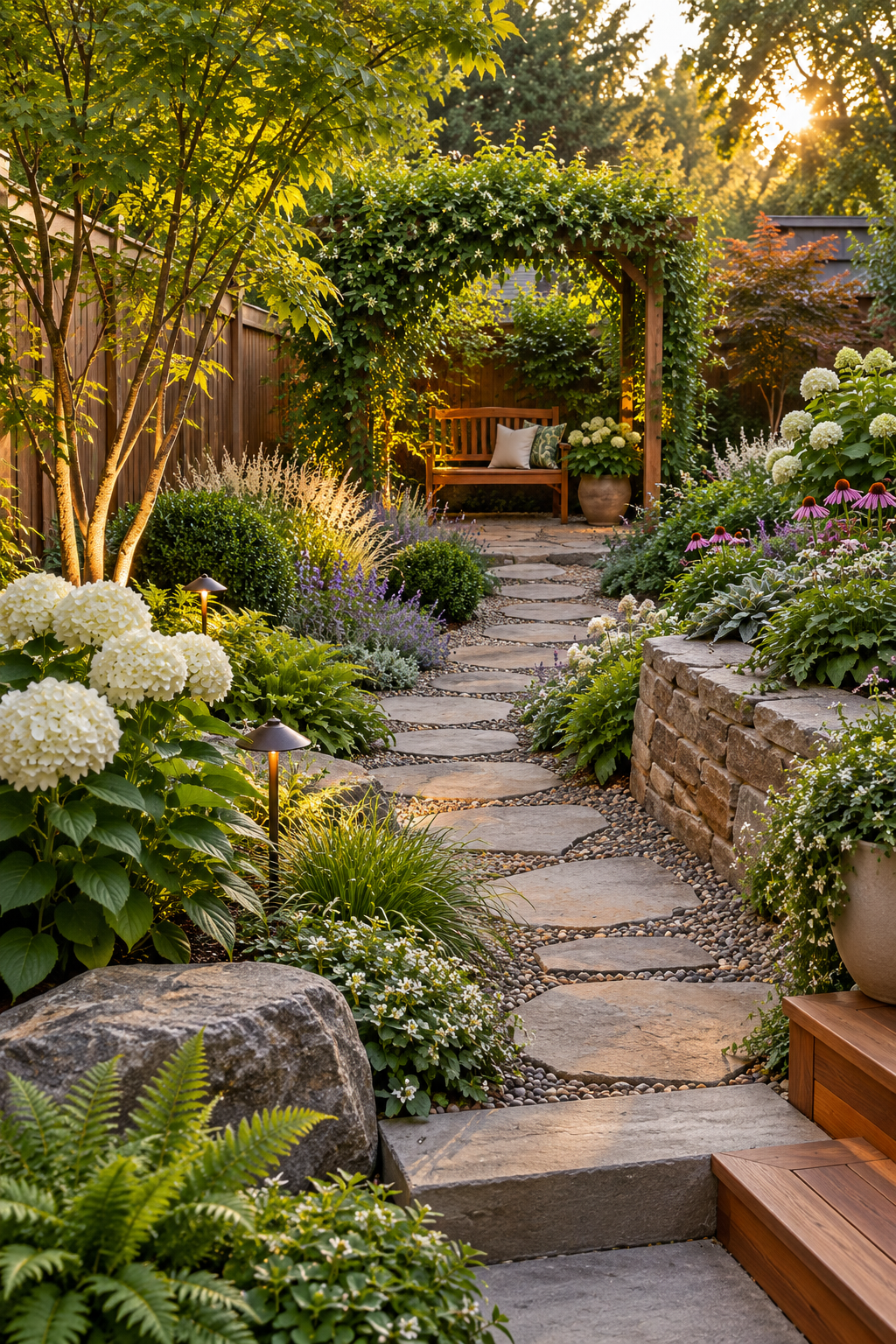 Tuck a Bench Beneath an Arbor in a small backyard garden