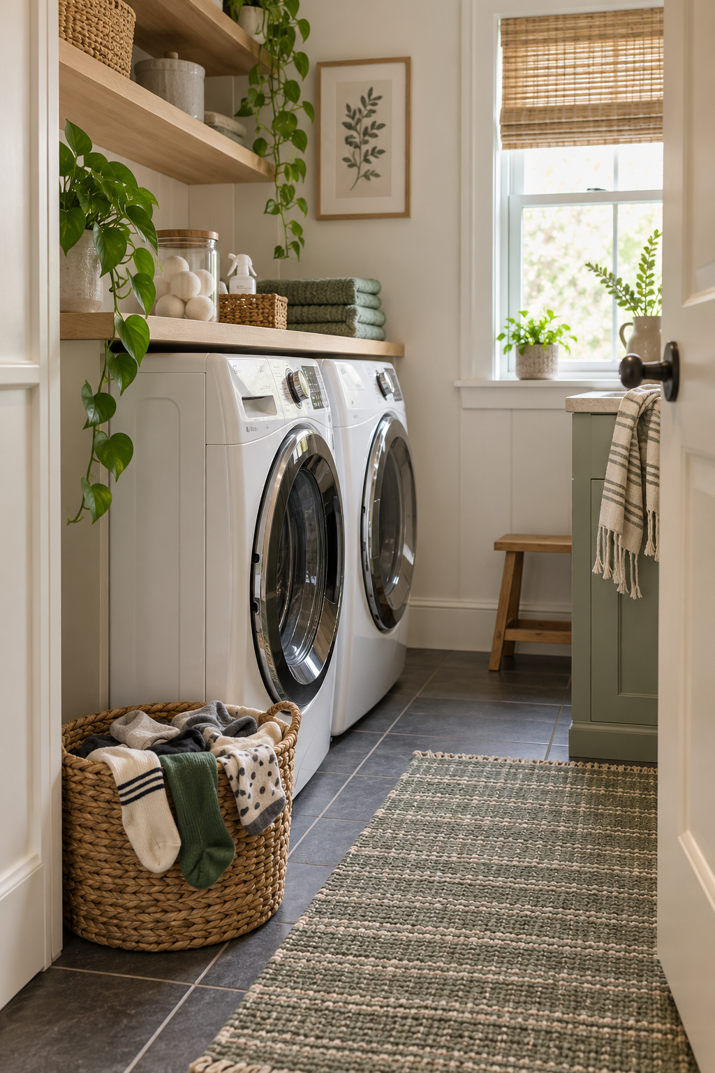 Add a Lost-Sock Basket in a compact organized laundry room