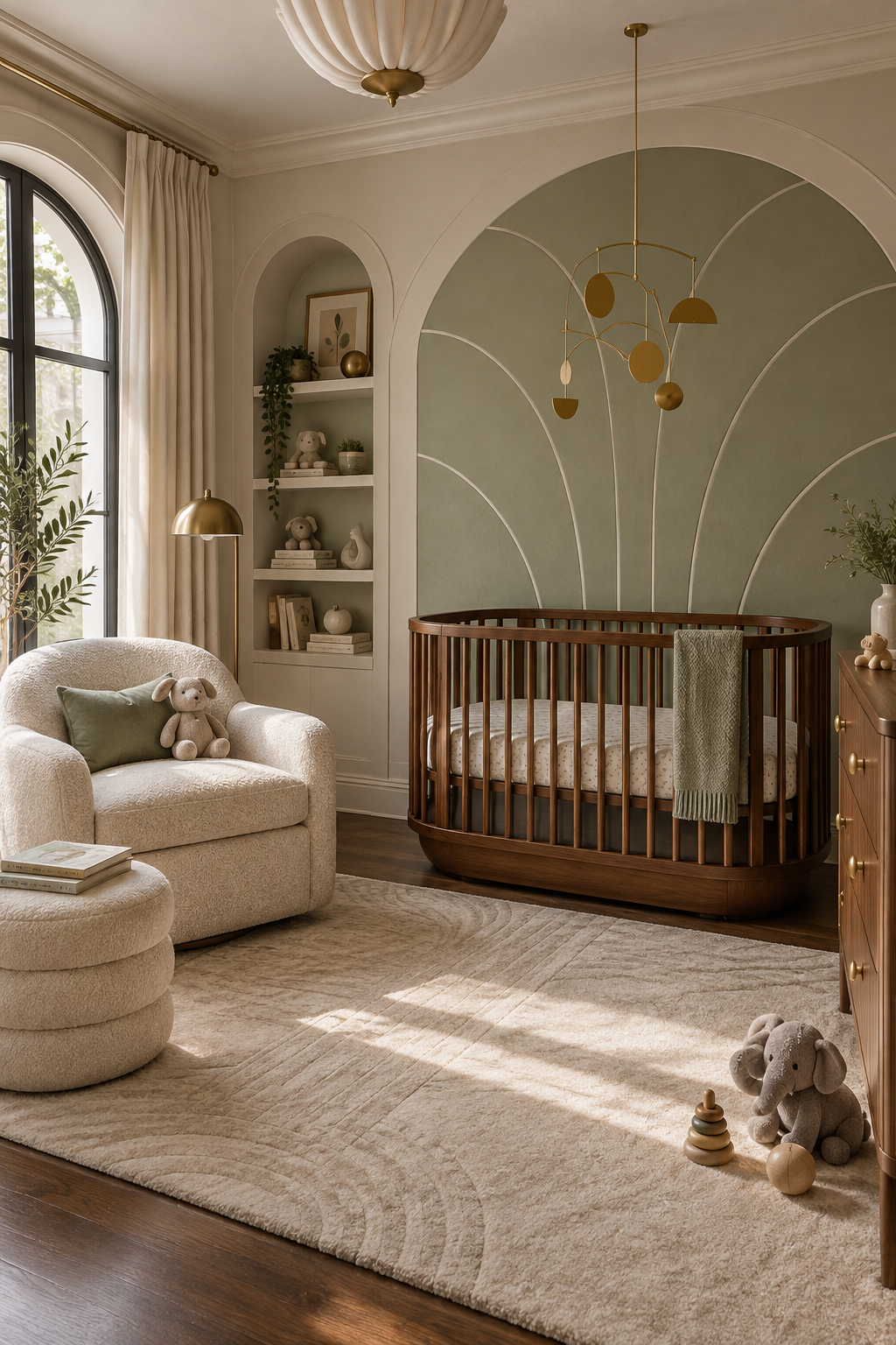 Sophisticated nursery with a sage fan-arch mural, rounded walnut crib and cream chair