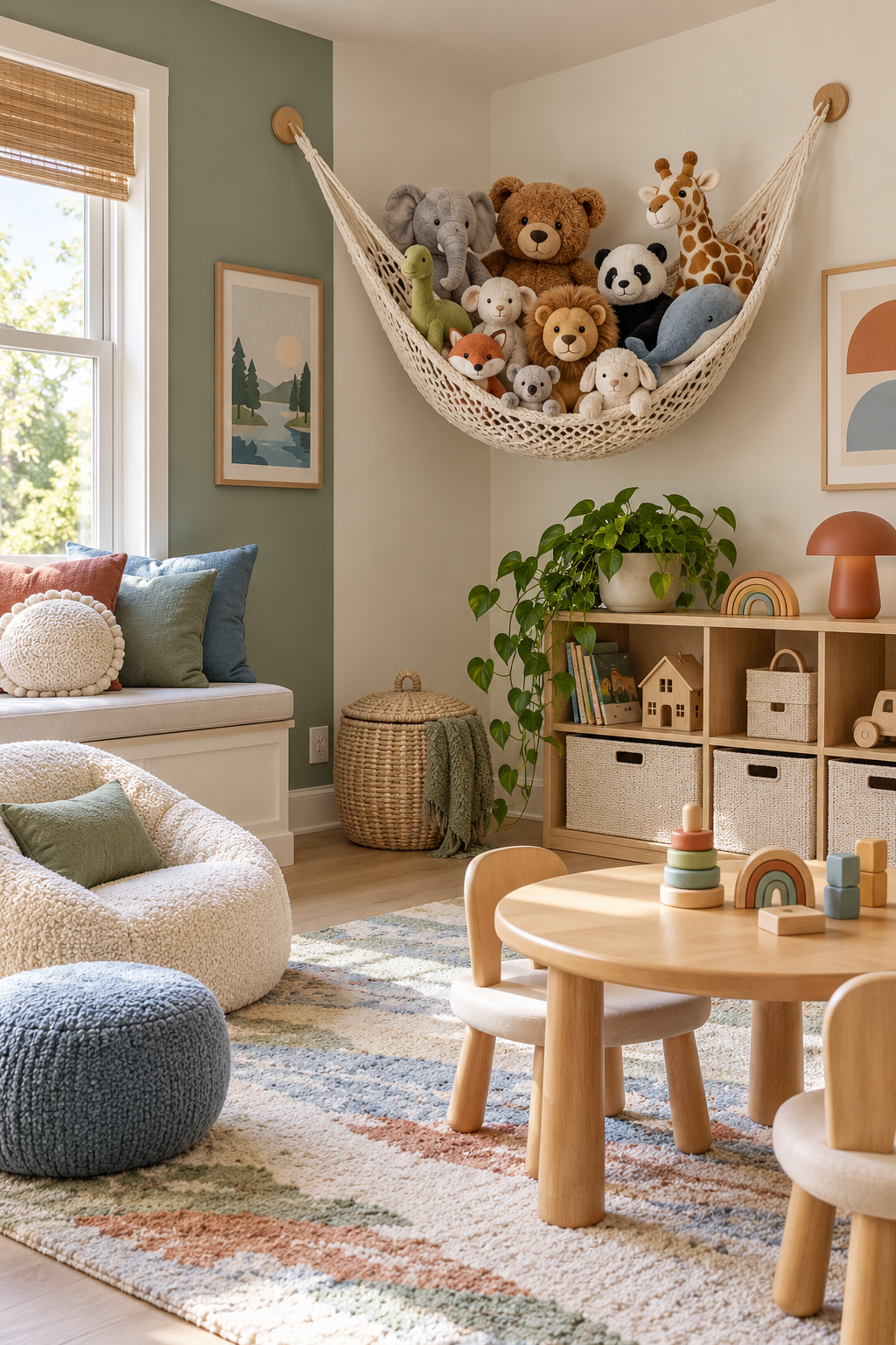 Add a Soft-Toy Hammock in a stylish organized playroom