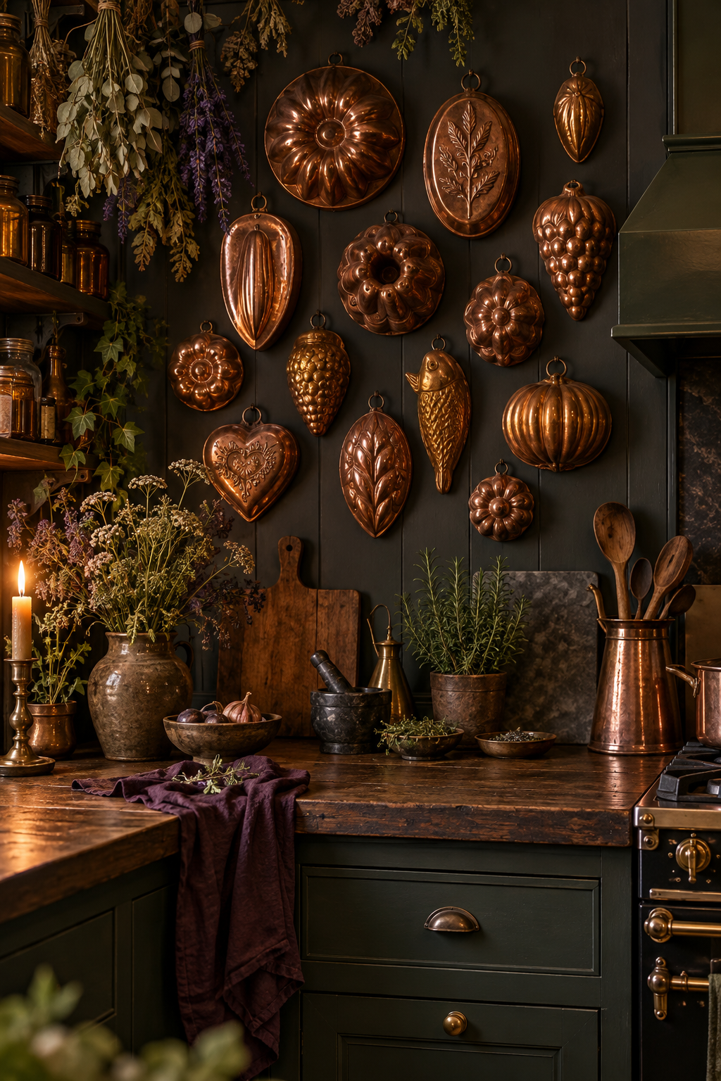 Use Vintage Copper Molds styled as witchy kitchen decor ideas