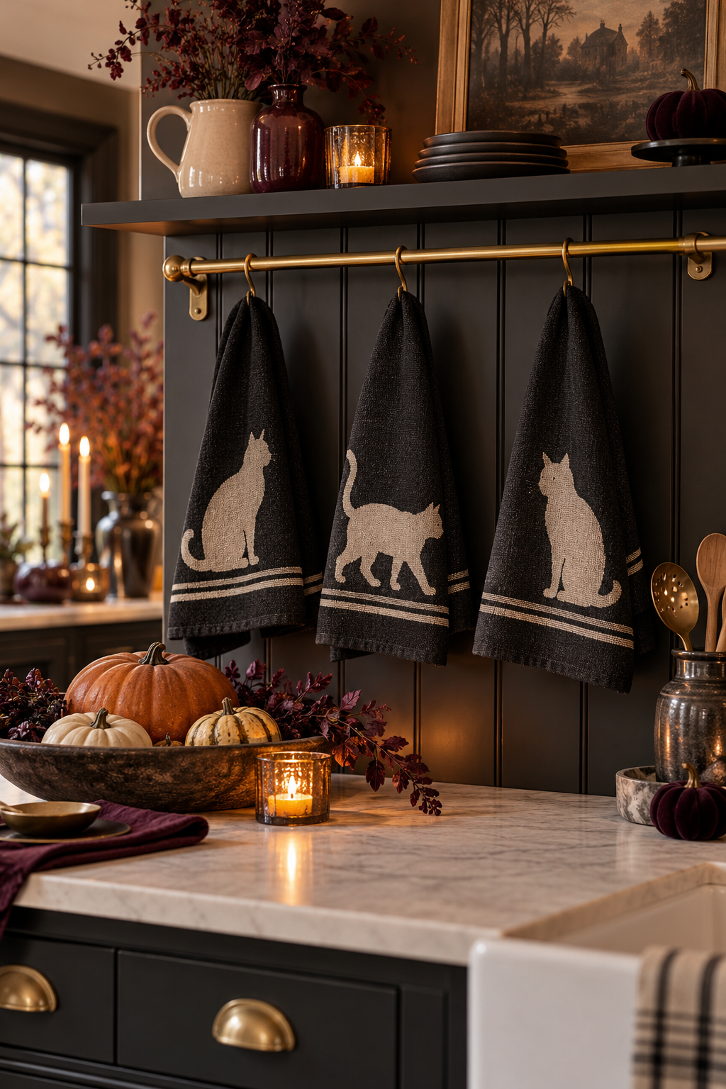 Use Black Cat Kitchen Towels styled as black cat Halloween decor ideas