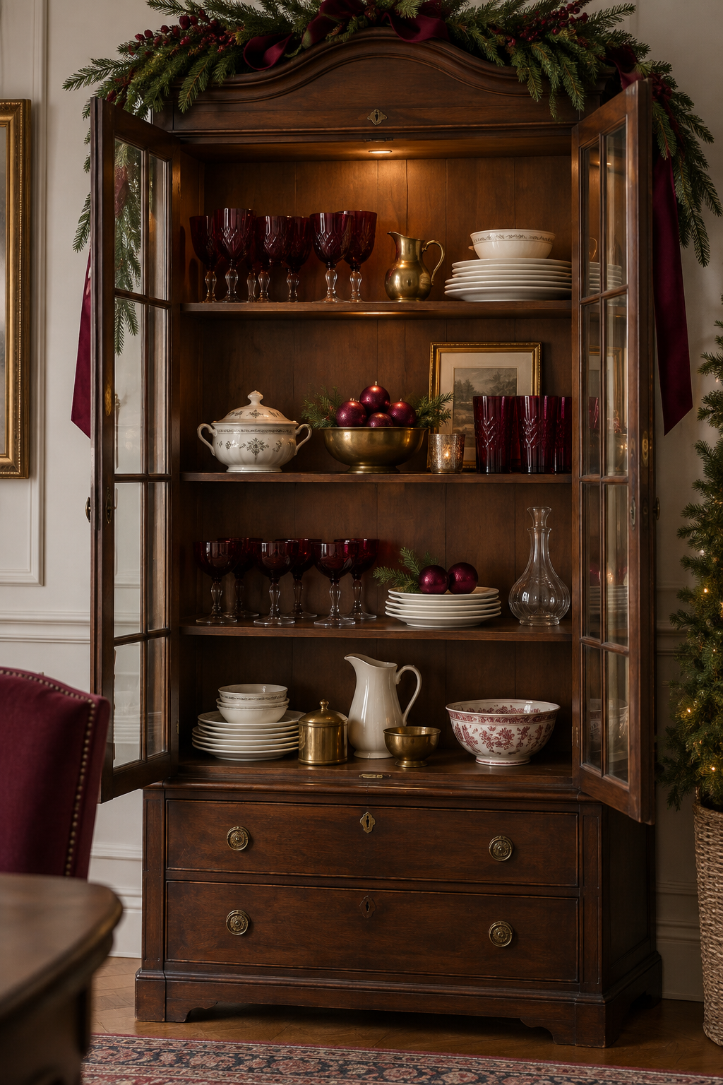 Vintage Christmas cabinet display with burgundy glass ornaments and brass objects
