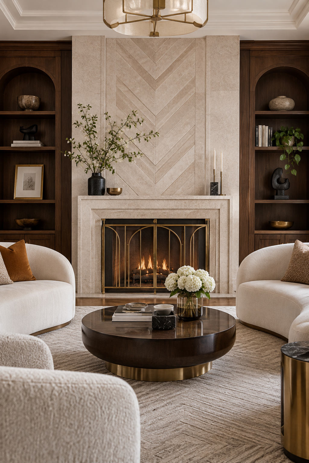 Neo Deco fireplace wall with cream chevron stone, walnut built-ins and curved chairs