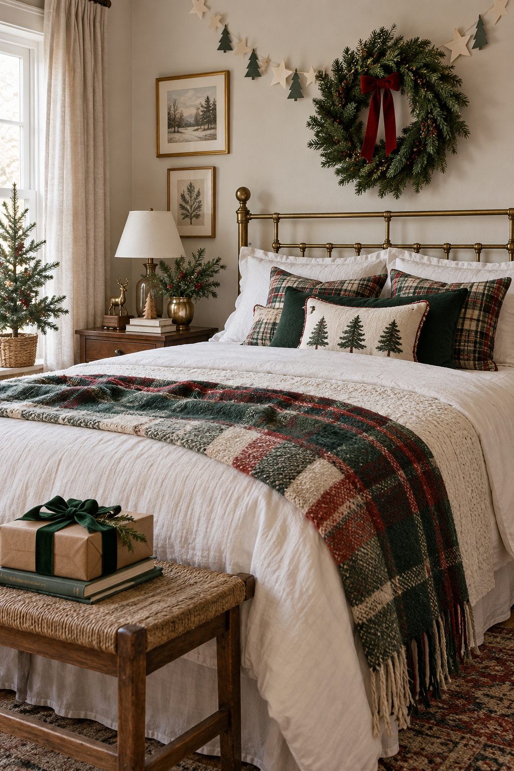 Budget-friendly Christmas bedroom with handmade paper garland and thrifted textiles