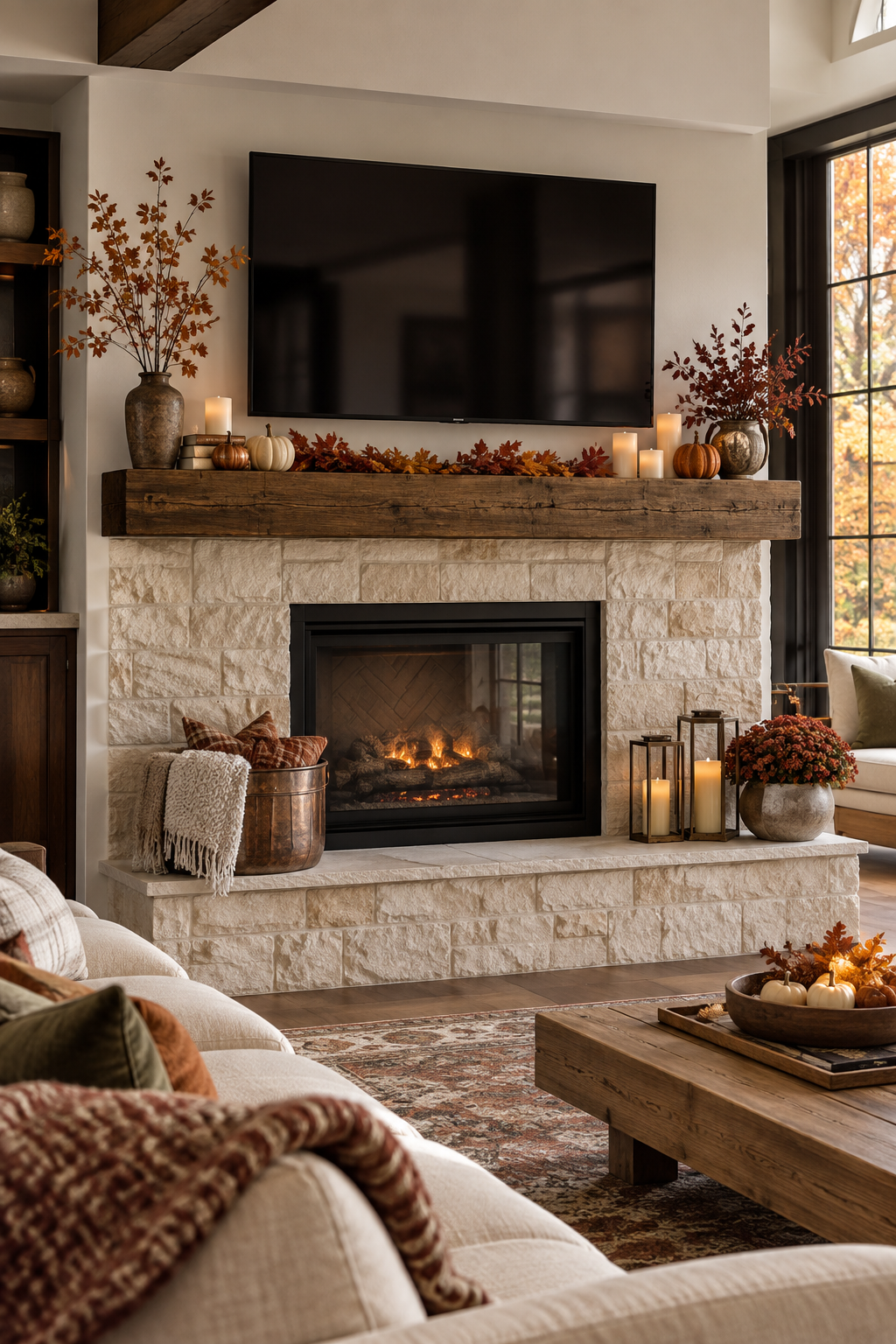 Fall mantel decor arranged around a television