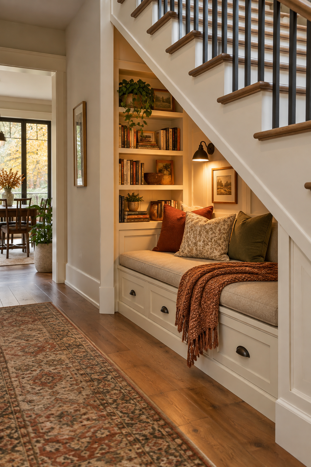 Under stairs reading nook with built in storage