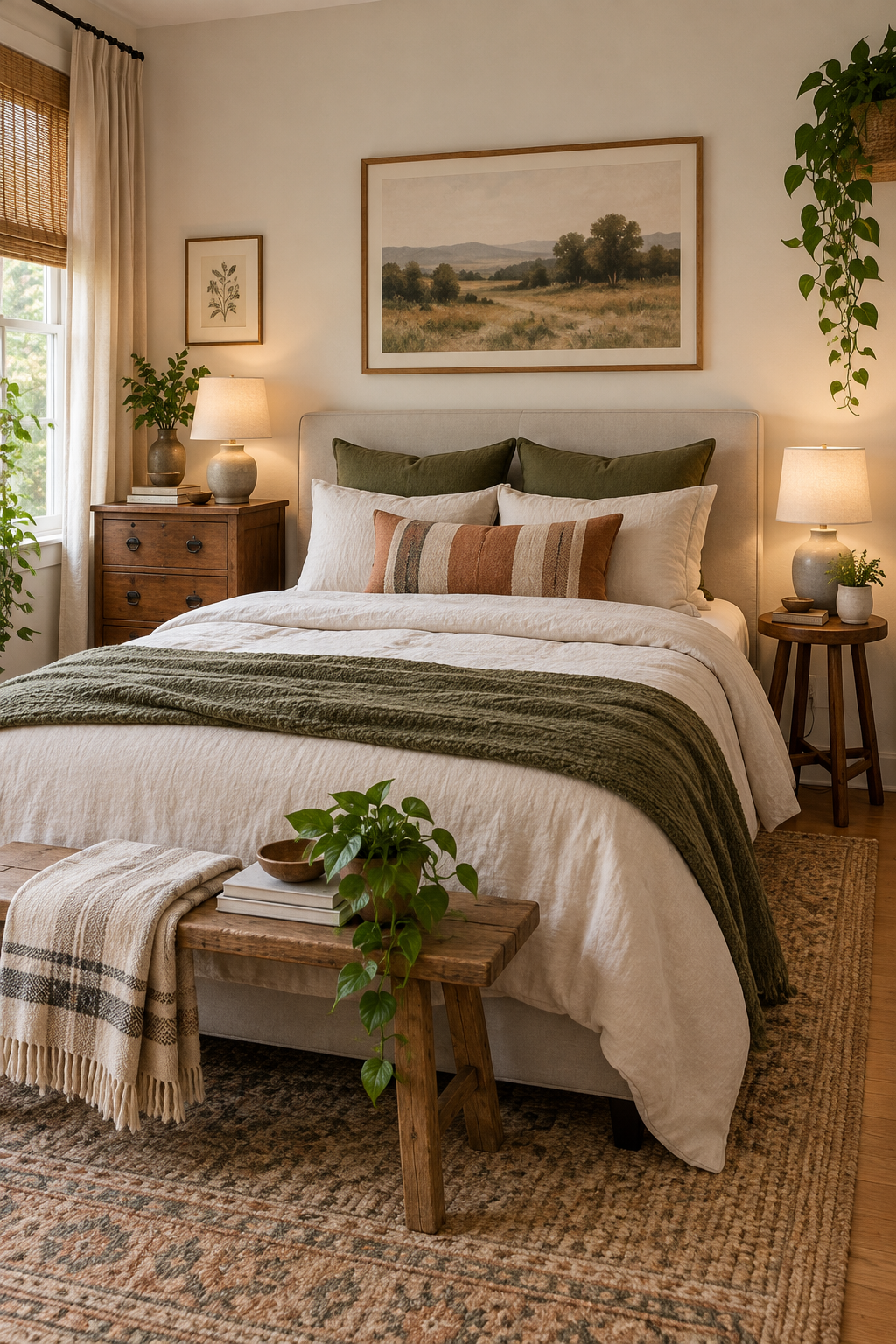 A compact bedroom with mismatched practical bedside tables