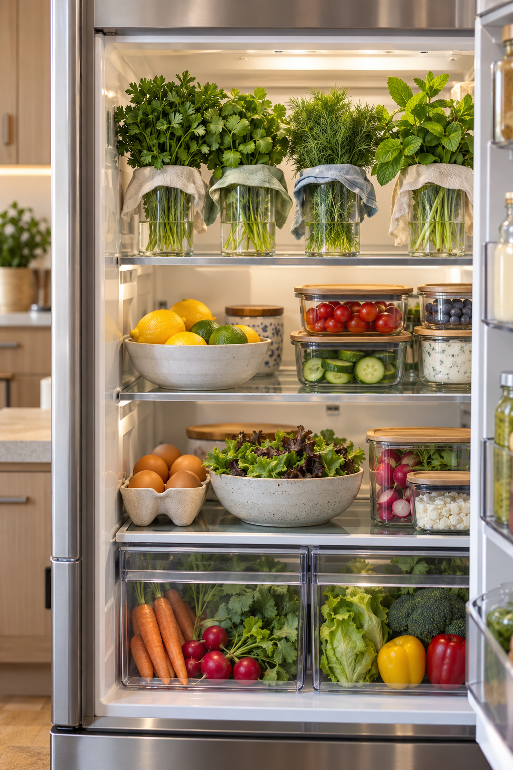 Store Herbs Like Fresh Flowers in a clean organized refrigerator