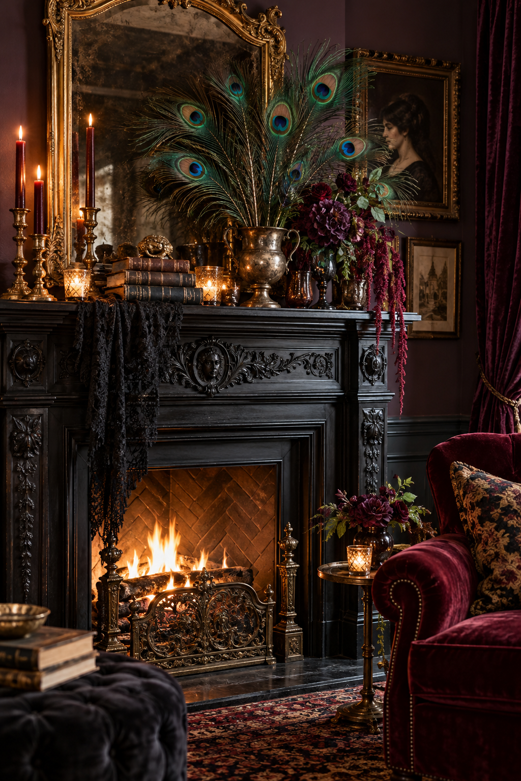 Use Peacock Feathers for Dark Glamour styled as gothic Victorian Halloween mantel ideas