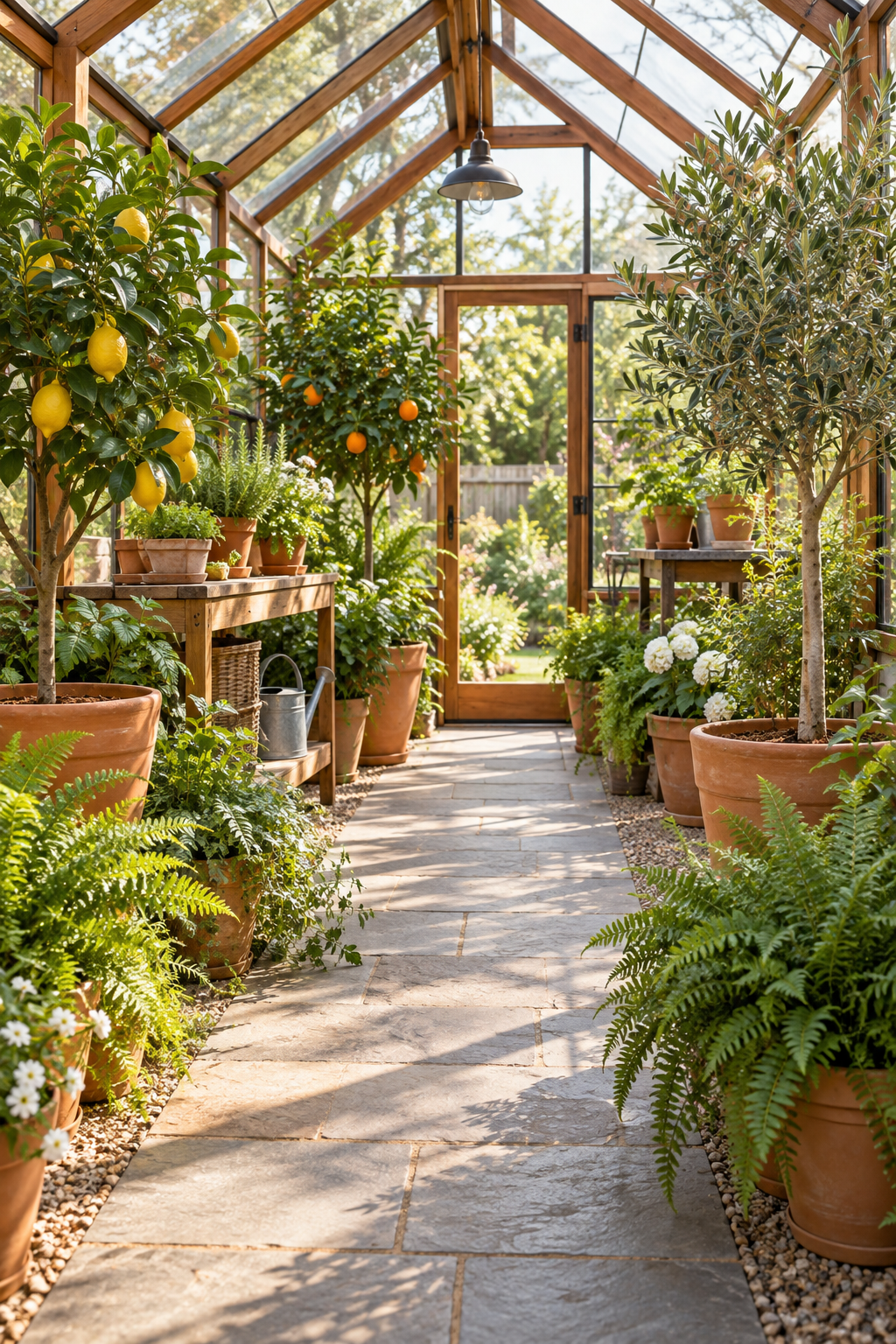 Layer Ferns beneath Taller Plants inside a beautiful garden greenhouse