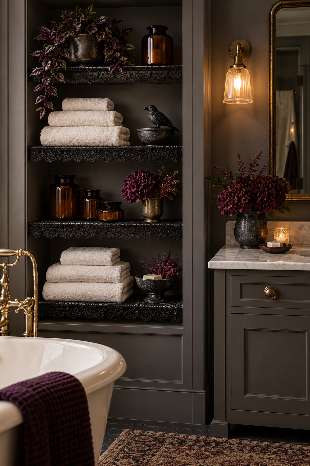 Add Black Lace Shelf Liners styled as Halloween bathroom decor ideas