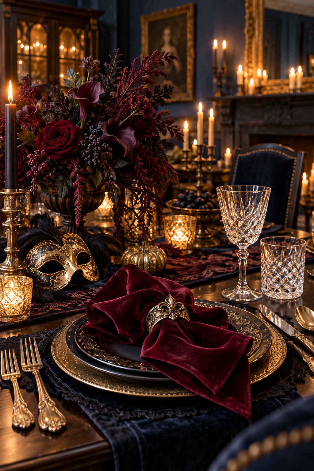 Create a Formal Napkin Fold styled as Halloween masquerade tablescape ideas