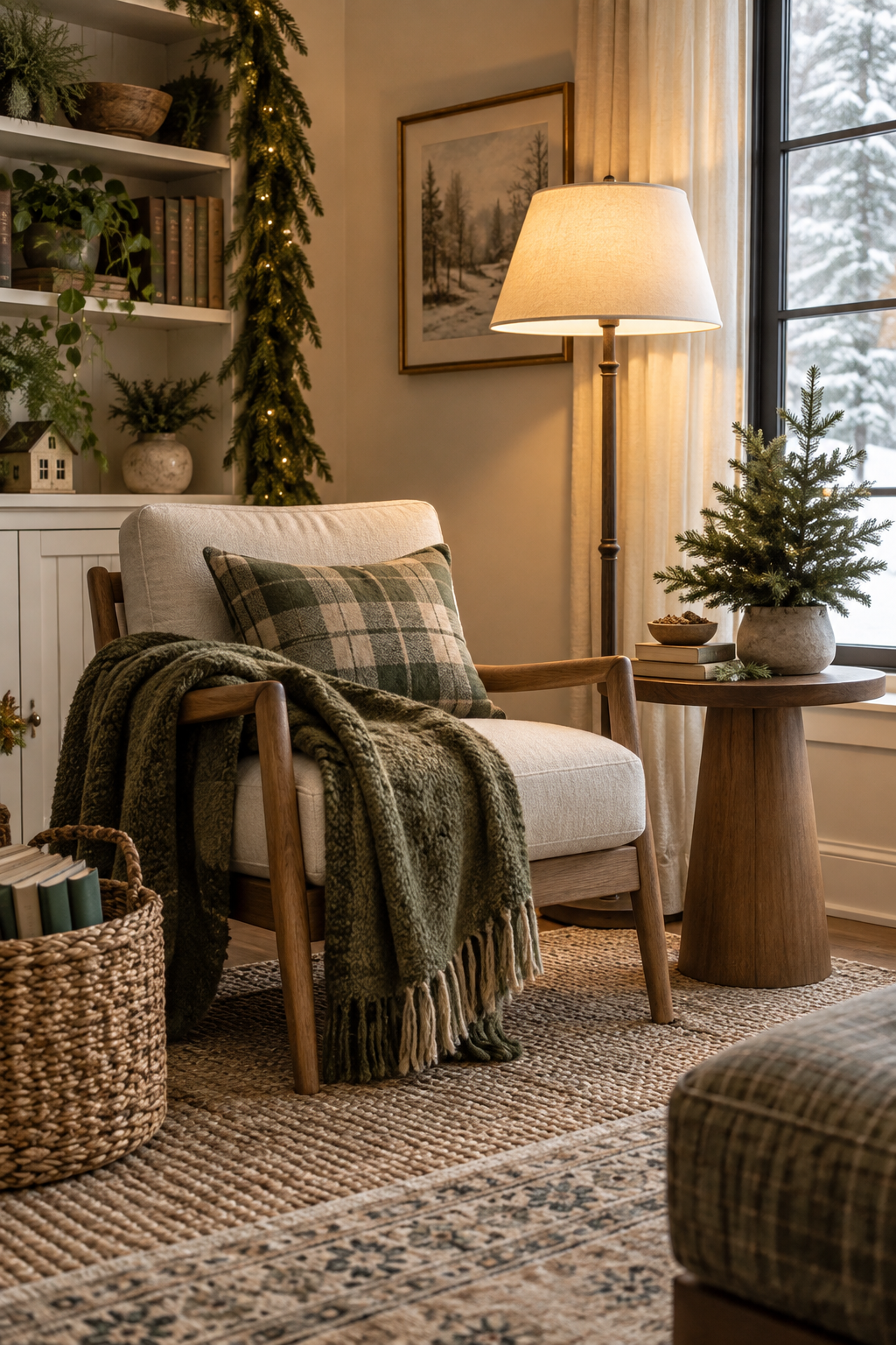 Neutral Christmas reading nook with wood chair, wool throw and tabletop tree