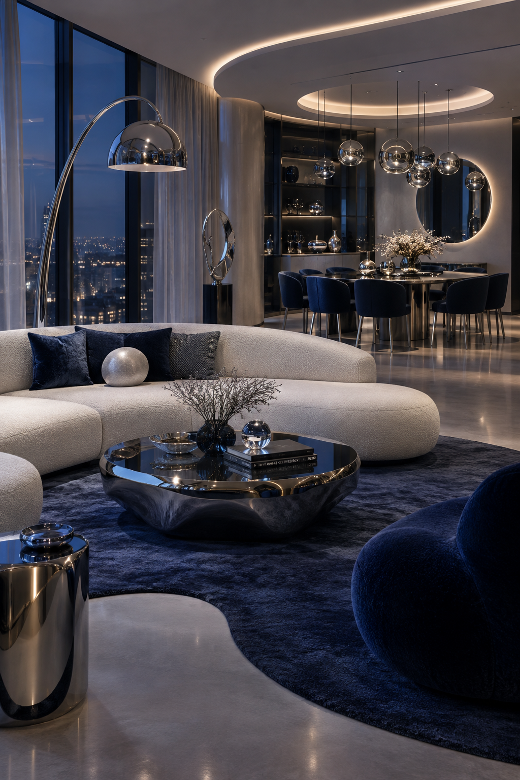 Open-plan living and dining room unified by celestial colors and curves