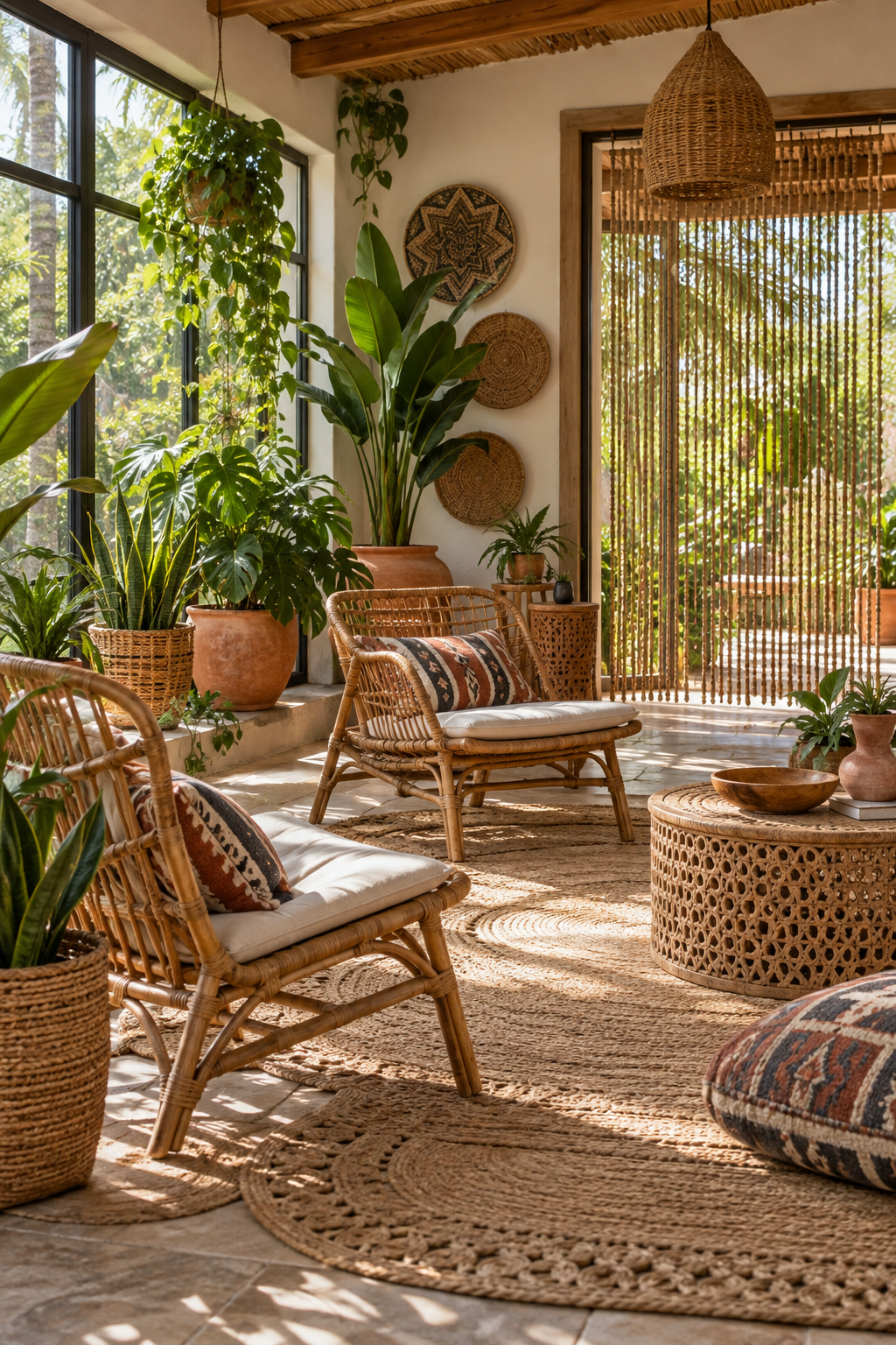 Afrobohemian sunroom with cane chairs, layered jute rugs, bamboo beaded curtain and tropical plants