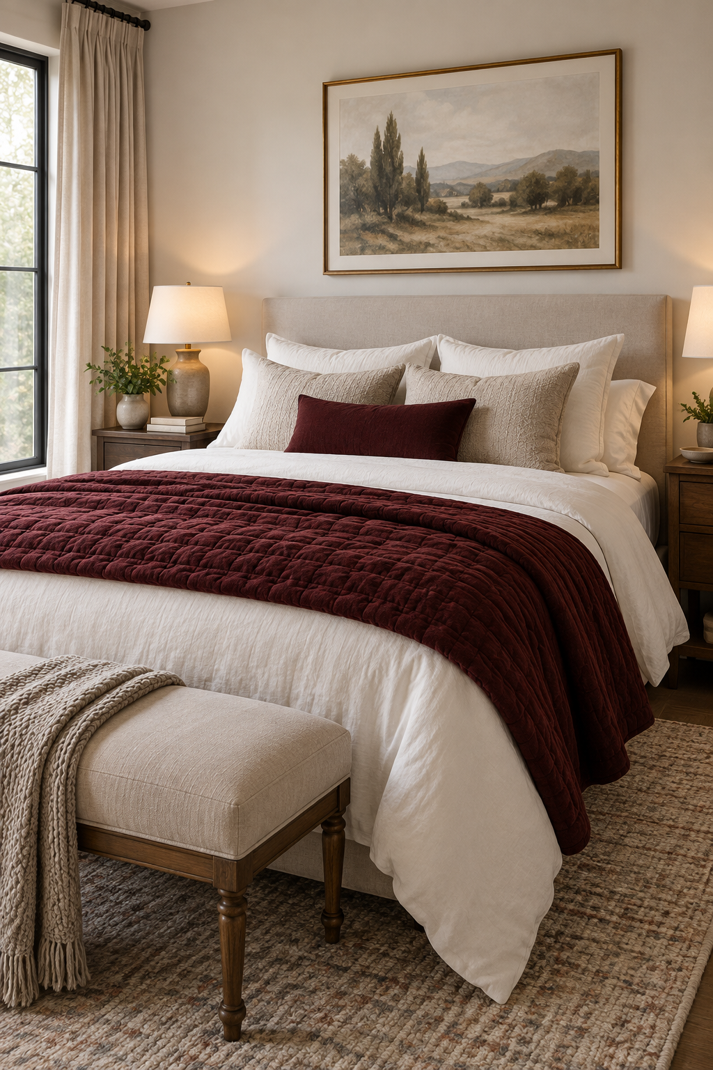 Layer Burgundy Bedding over Crisp Neutrals