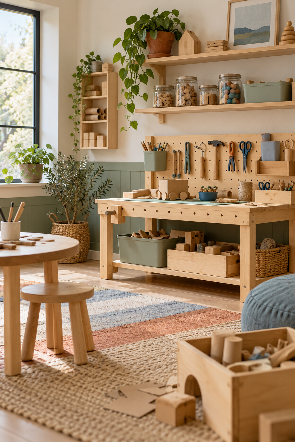 Set Up a Simple Maker Bench in a stylish screen-free playroom