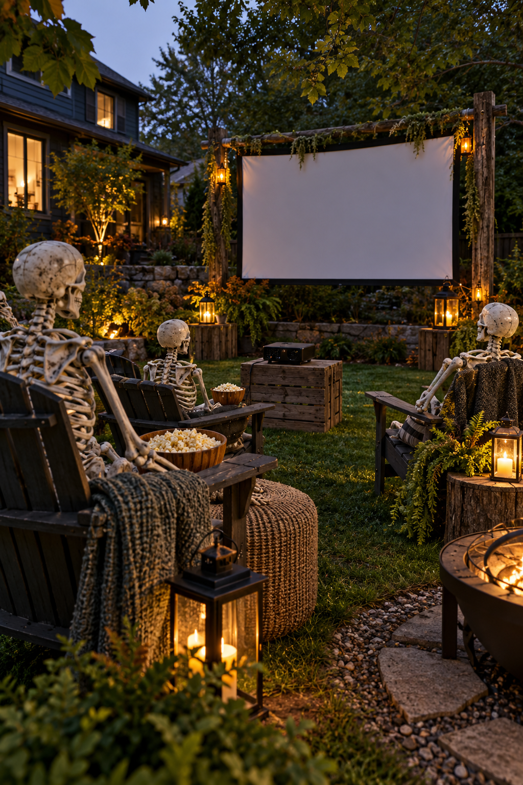 Stage a Skeleton Movie Night styled as skeleton yard display ideas