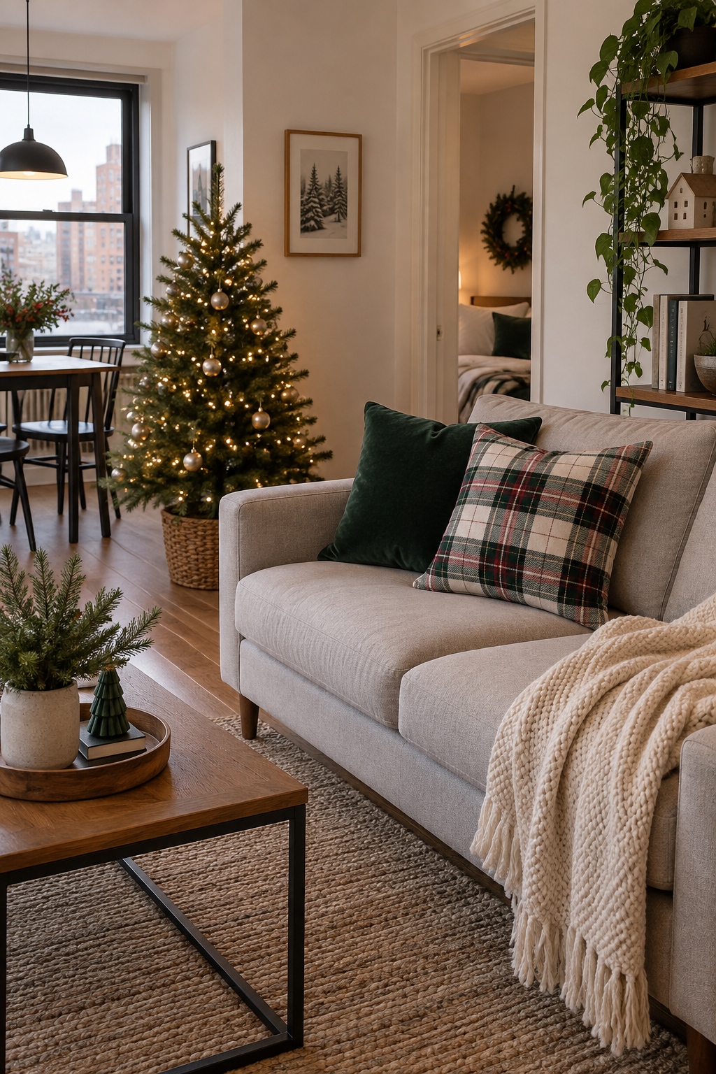 Add compact Christmas textiles to an apartment sofa