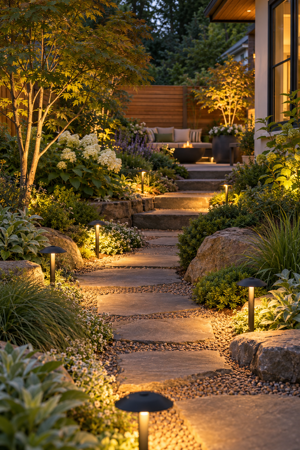 Light the Path with Low Solar Fixtures in a small backyard garden