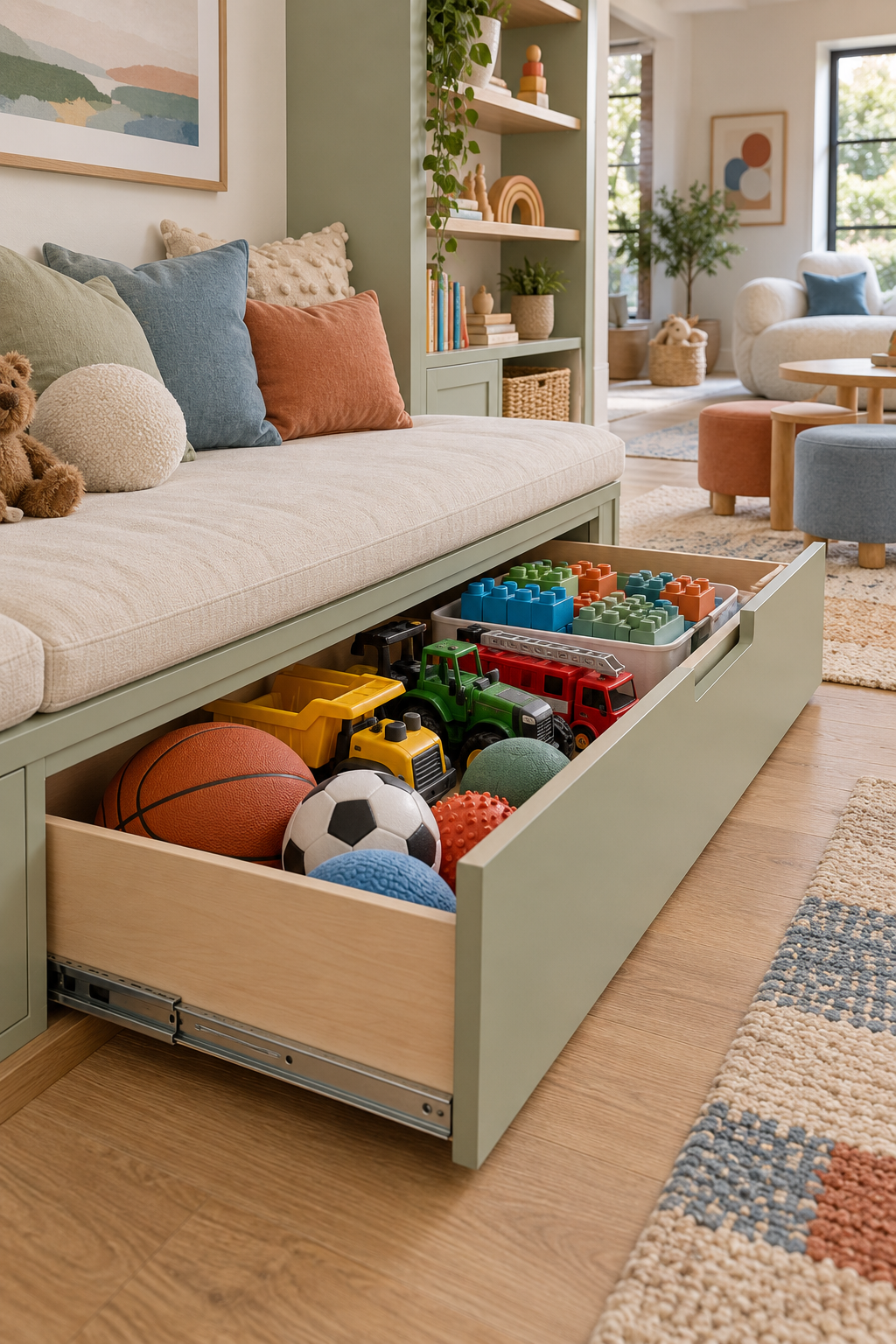 Use Under-Bench Storage for Bulky Toys in a stylish organized playroom
