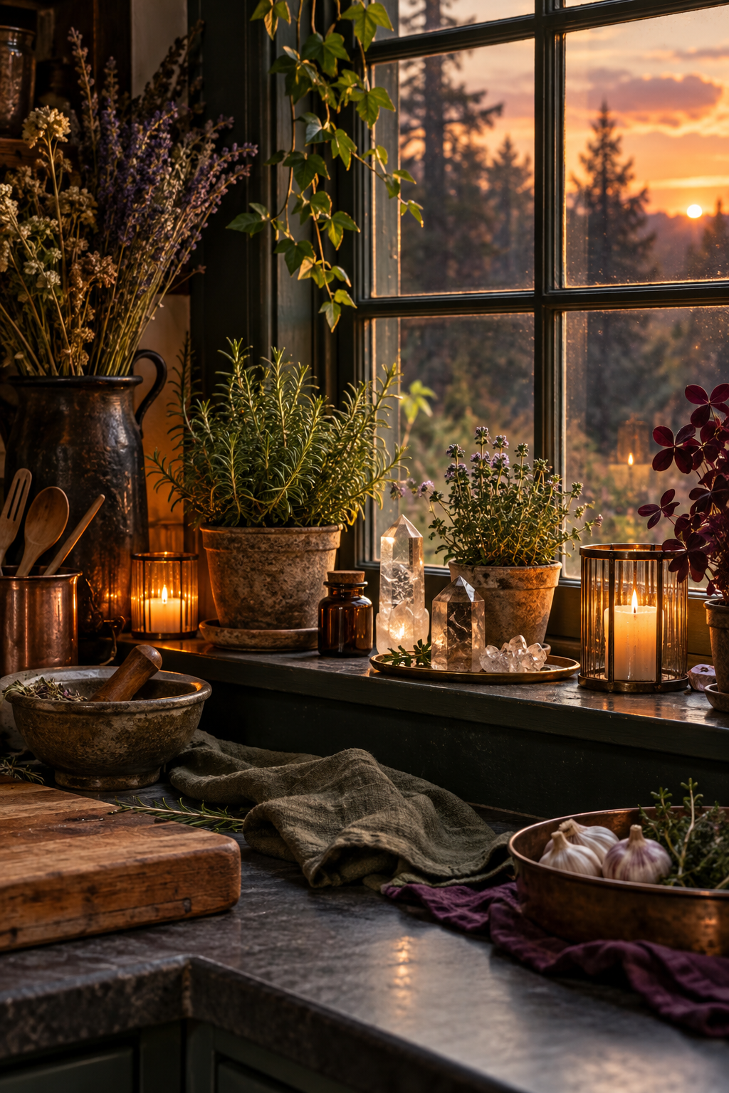Create a Crystal-and-Candle Windowsill styled as witchy kitchen decor ideas