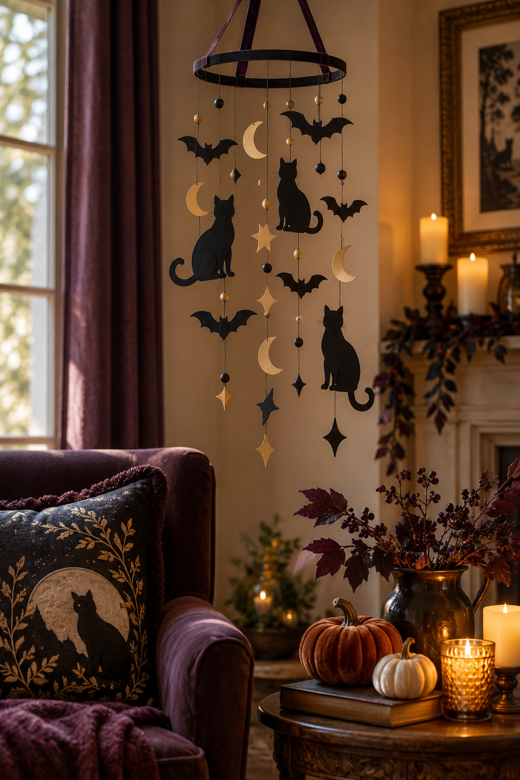 Create a Cat-and-Bat Mobile styled as black cat Halloween decor ideas