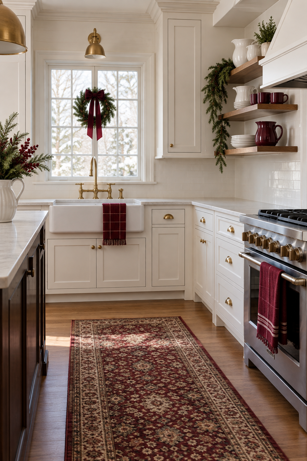 Christmas kitchen shelf styled with burgundy accents, greenery and white ceramics